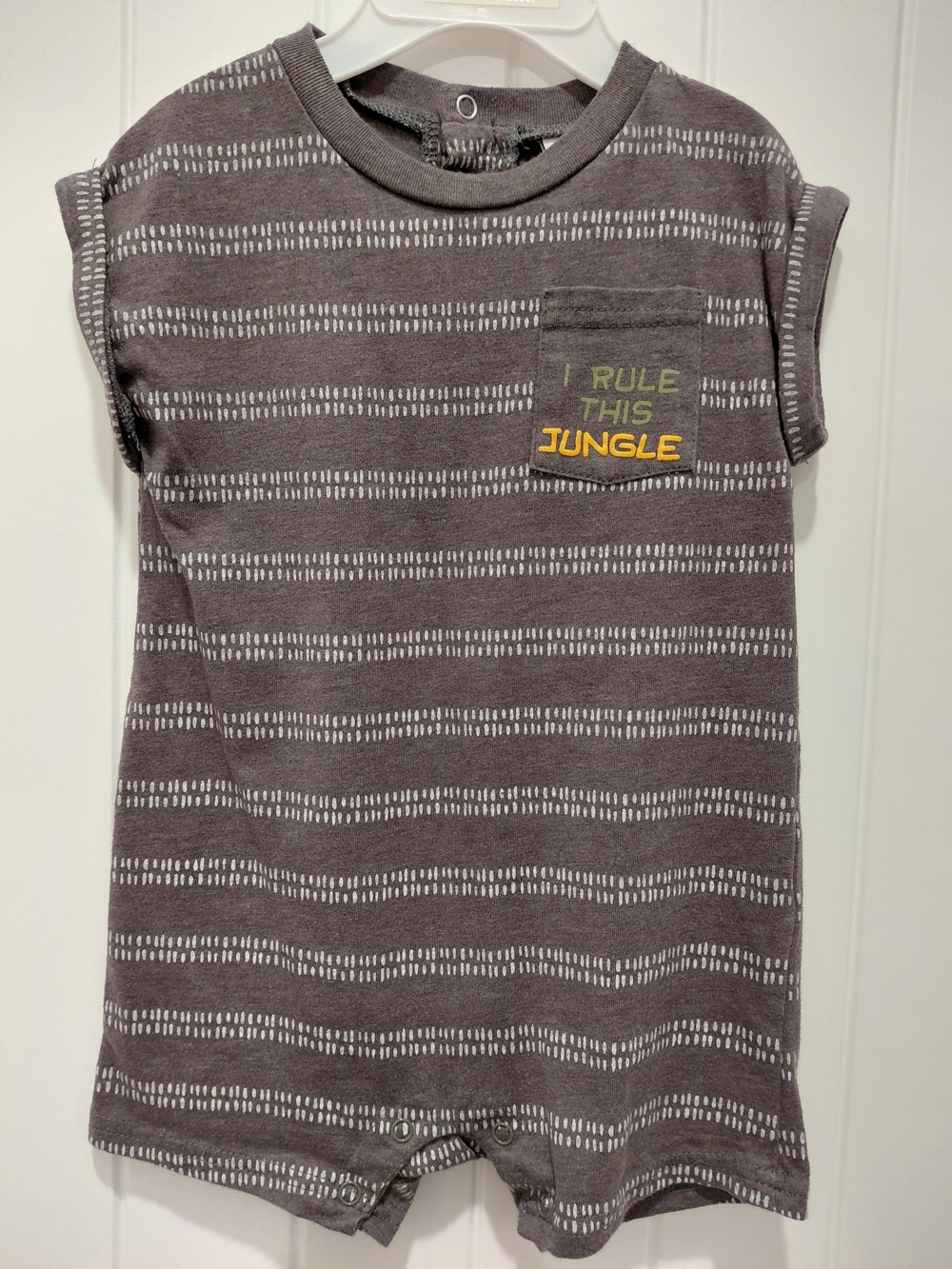 Short Sleeve Gray Kids Romper with Yellow Jungle Pocket #0766